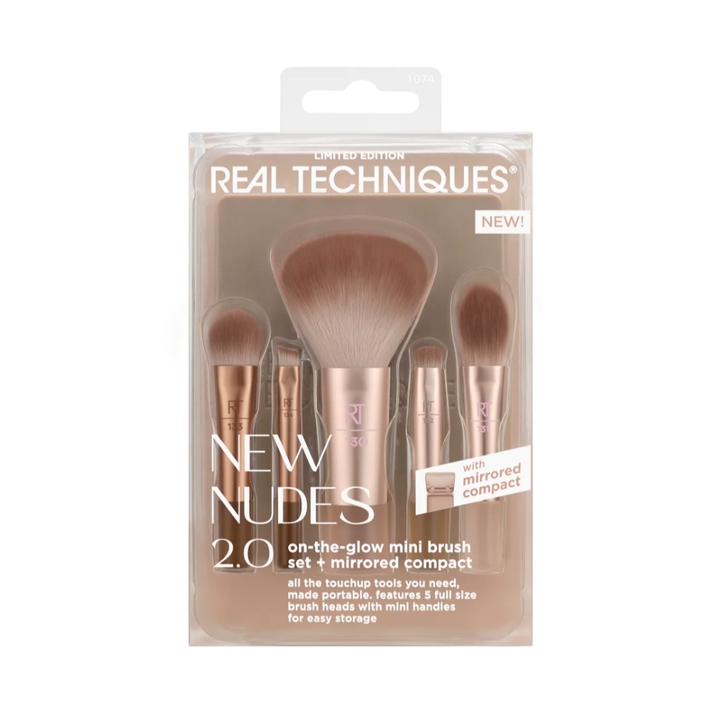 Real Techniques New Nudes 2.0 On-The-Glow Compact Travel Brush Set & Mirror